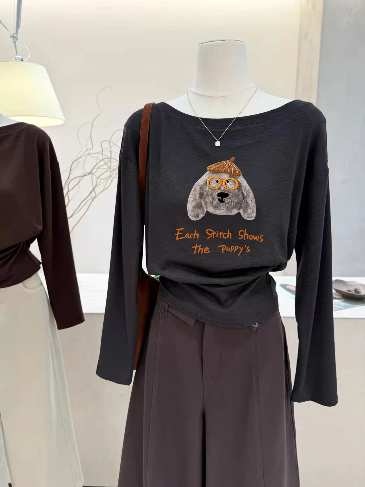 Casual Korean Style Long Sleeve Printed T-Shirt Women's Loose round Neck Design Base Shirt Lazy Style Top Pure Cotton Material