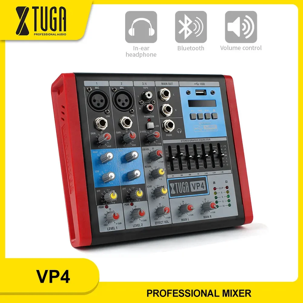 XTUGA VP-4 Professional 4 Channels Audio Mixer DJ Controller with Bluetooth USB Interface For Stage Performance Recording Studio