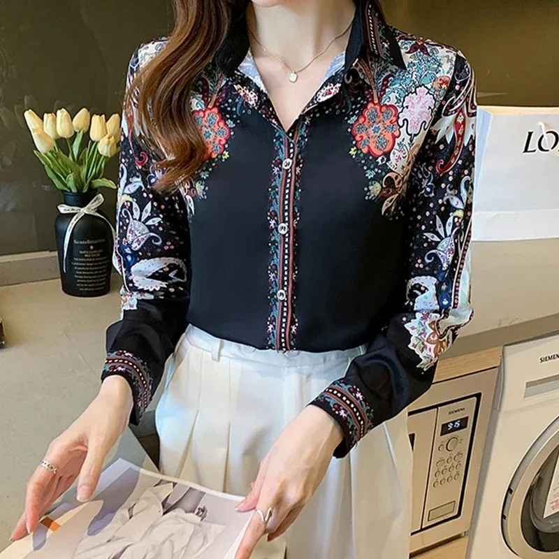 Fashion Floral Print Blouse Autumn Long Sleeve Silk Women Clothes Spring Satin Shirt Elegant Office Lady Tops Blusas Mujer 18440