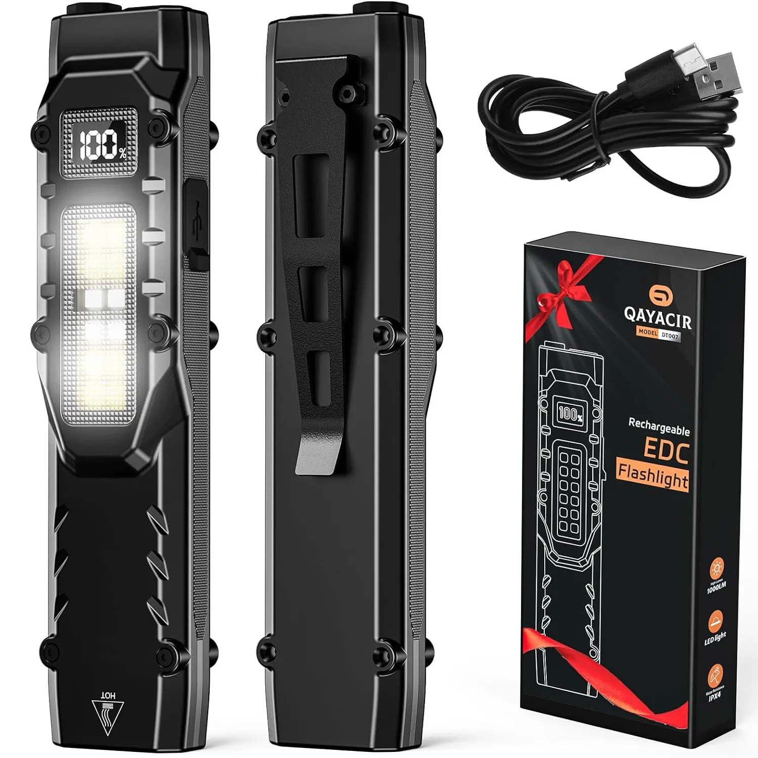 【セール中】eDC戦術懐中電灯、1100LM充電式LEDフラット懐中電灯(クリップとデジタルディスプレイ付き)、キャンプ緊急用ポケット懐中電灯