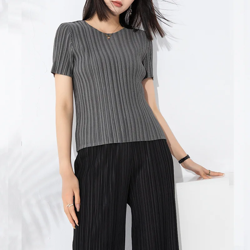 Miyake Pleated Short Sleeve Women's 2023 Summer New Thin Stretch Crew Neck All-Matching Slim Fit Pleated Hollow T-shirt Women