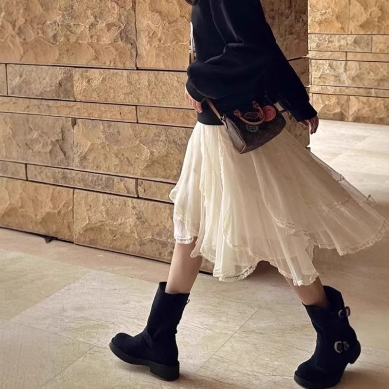 French Irregular Lace Splicing Skirt Women's Autumn and Winter Heavy Industry High Waist Short Skirt