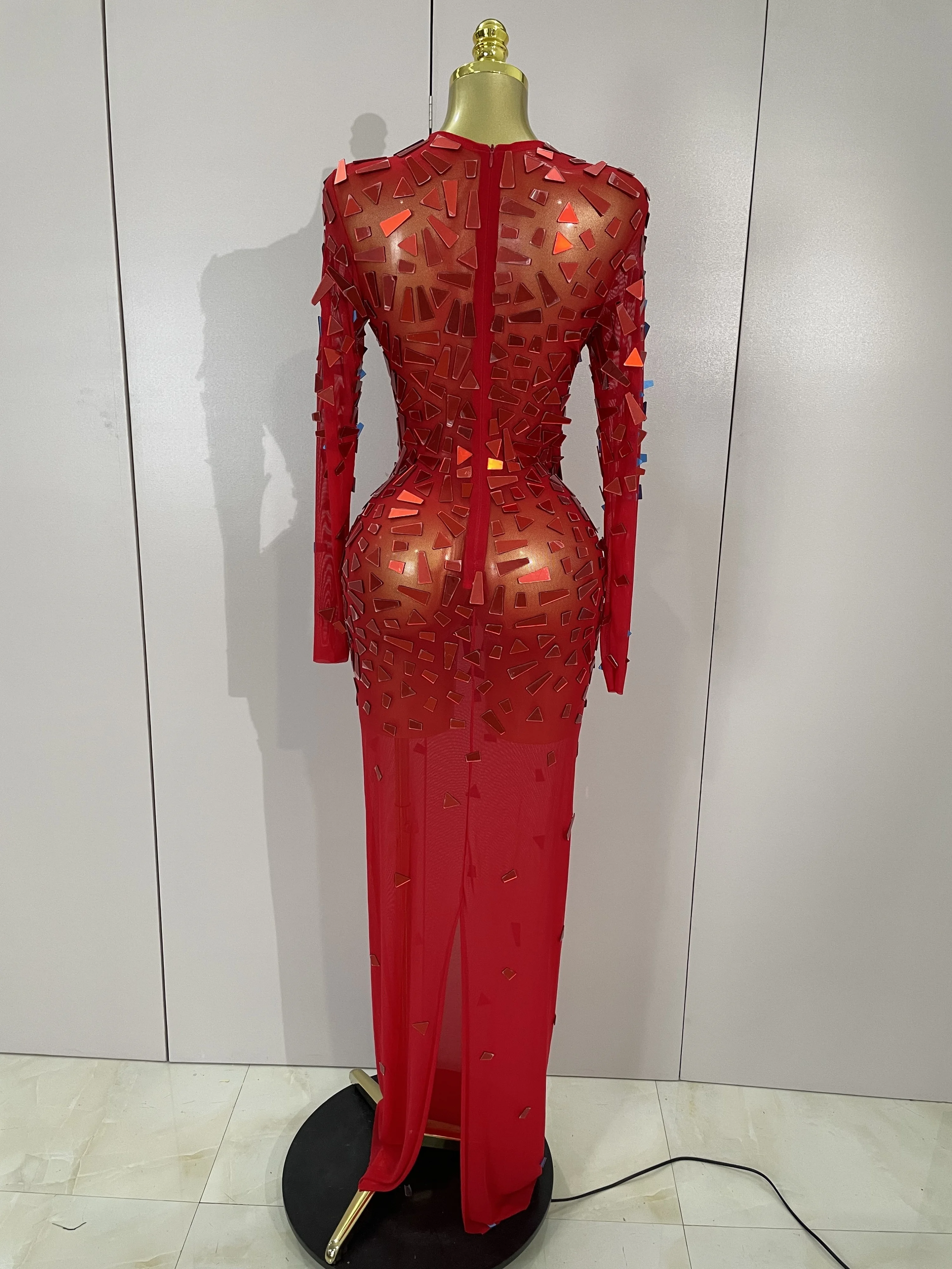 Vestido de cumpleaños de lujo con lentejuelas brillantes, vestido largo elástico transparente de malla roja, ropa para celebrar la boda, noche, graduación, disfraz de escenario para Club
