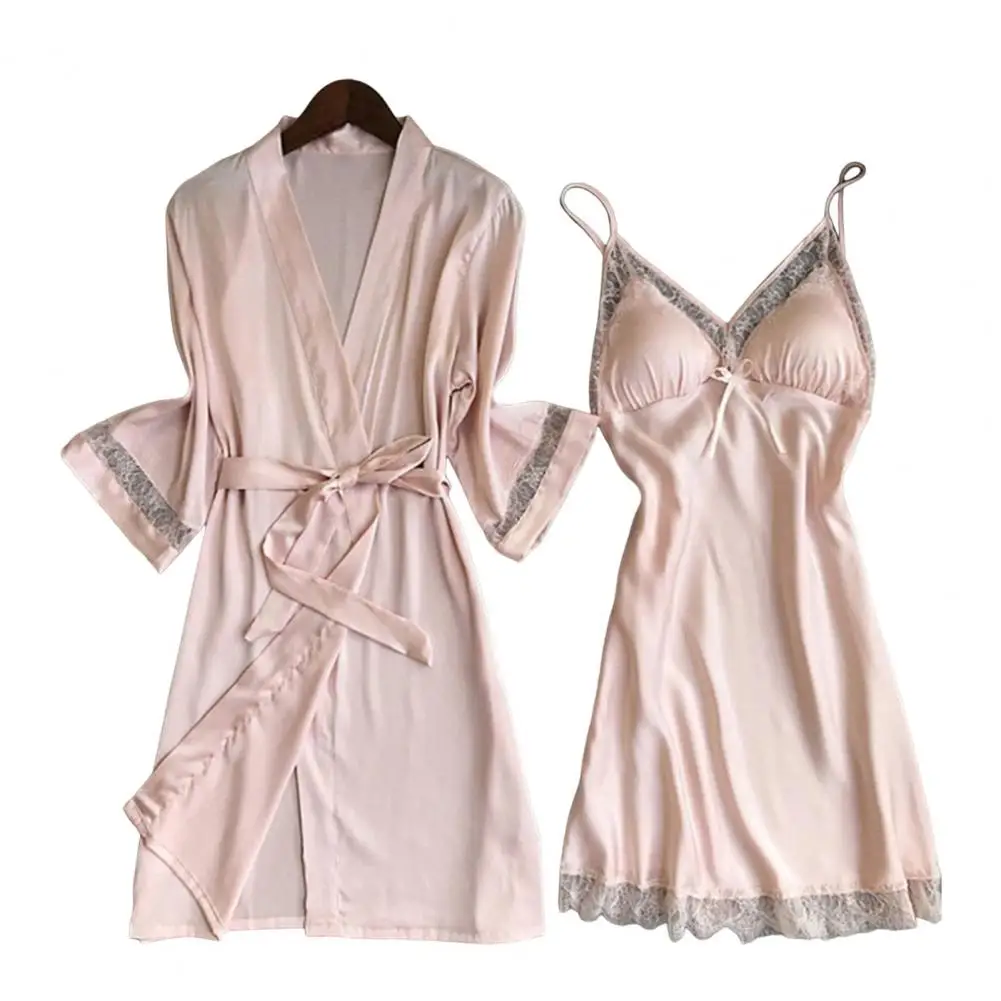

2 Pcs/Set Women Pajama Set Nightgown With Chest Pads V Neck Lace-up Strap A-line Spaghetti Strap Lace Patchwork Nightdress Set