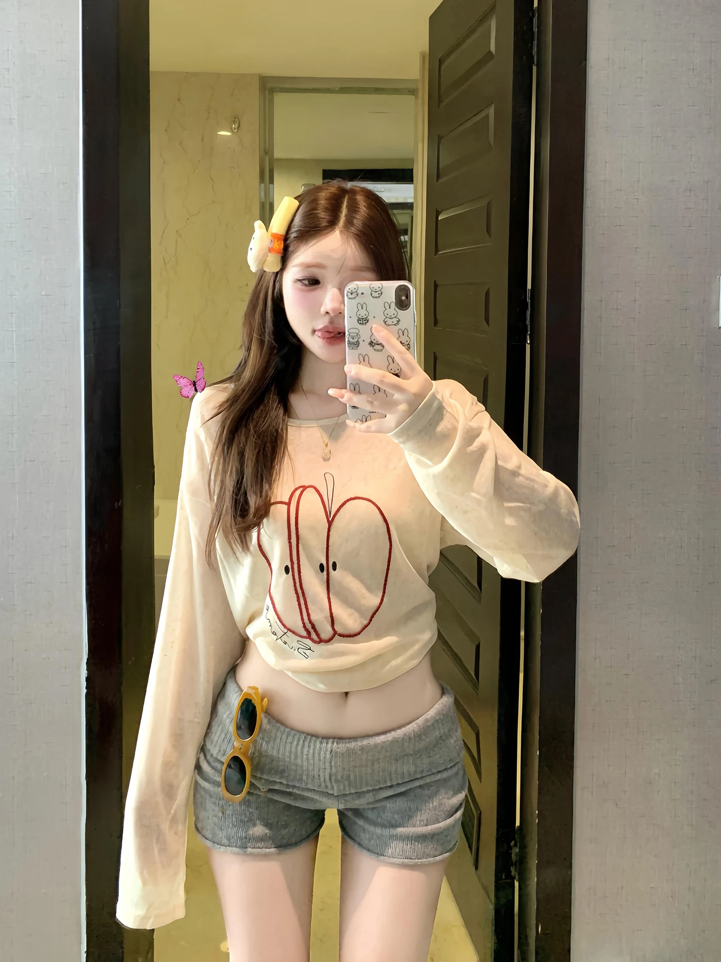 تي شيرت بأكمام طويلة للفتيات والنساء للربيع والفتيات وربطة عنق بحافة وخصر مطوي وياقة فنية أنيقة وطبقات ملابس شبابية #2