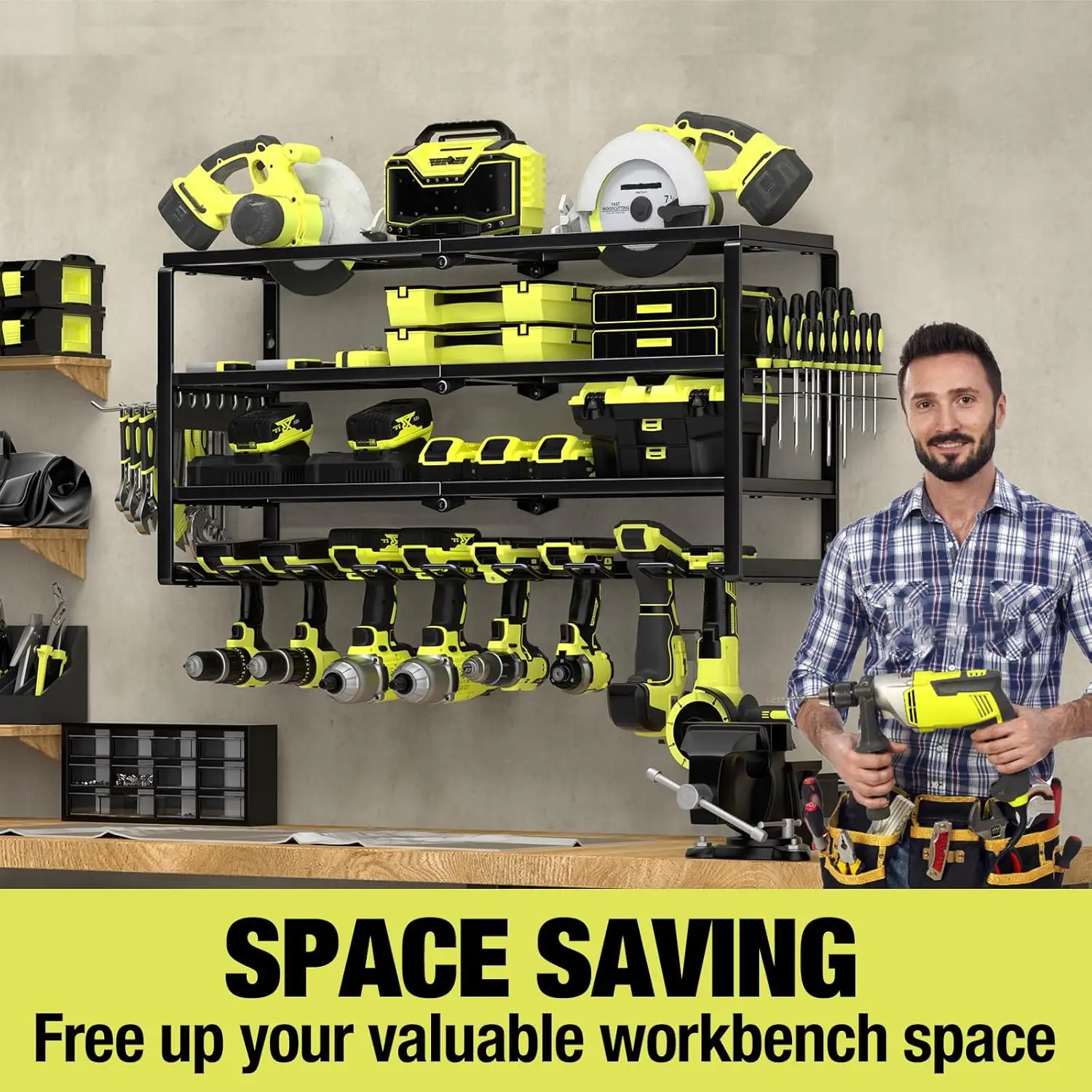 4 Layer Wall Mount Power Tool Organizer with Charging Station, Heavy Duty Cordless Drill Holder Battery Storage Rack for Garage