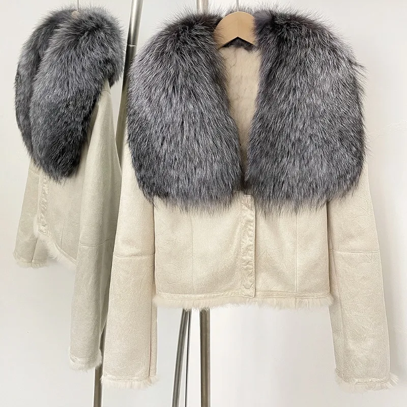 高品質アライグマの毛皮の襟スエードコート女性のウサギの毛ライナーショートジャケット秋冬モトバイカーアウターストリートウェア