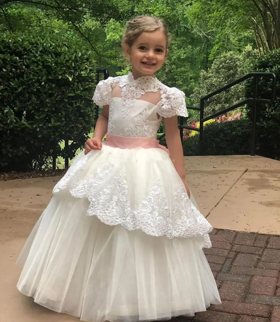 Customized Flower Girl Dress for Wedding Lace Belt Bow High Neck Tulle First Communion Dress Kids Pageant Birthday Ball Gown