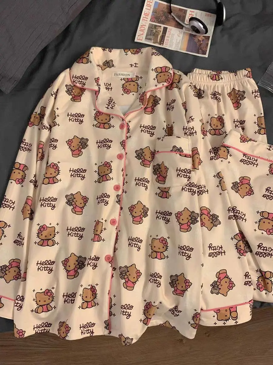 2025New Hello Kitty Pajama Set Anime Sanrio Thickened Warm Homewear Set Woman's Pajama Pants Suit Sweet Girl Loungewear Gifts