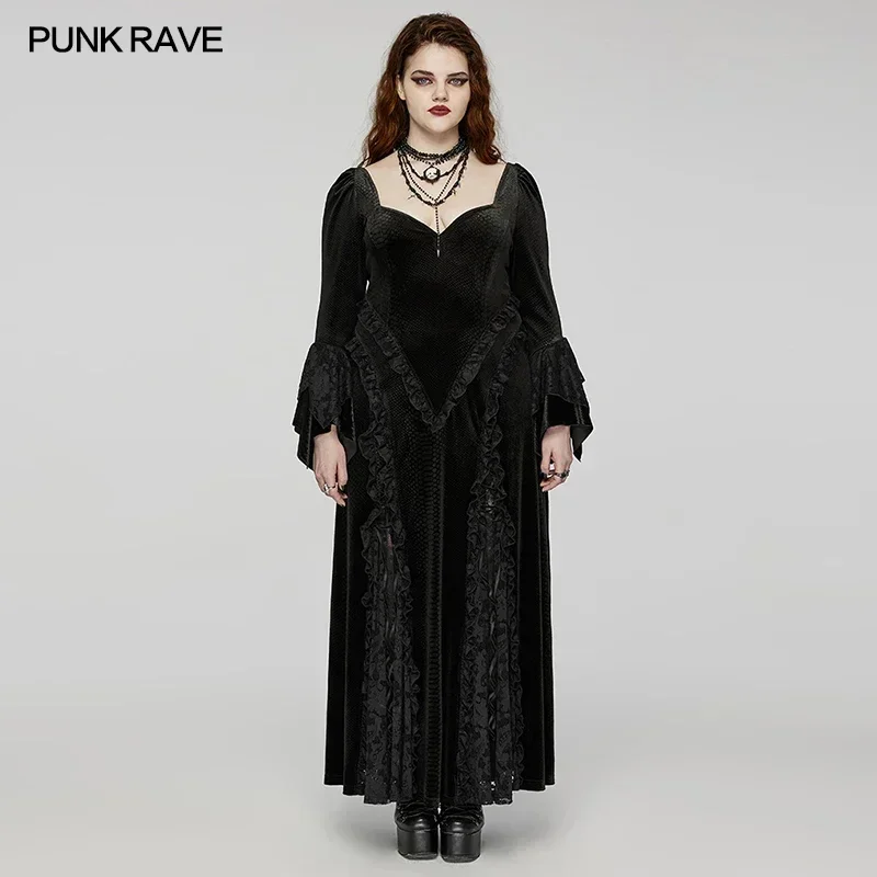 PUNK RAVE-Vestido de renda de veludo com decote mordedor, mangas largas de camada dupla, vestidos longos, gravado escuro, gótico, lindo, sexy