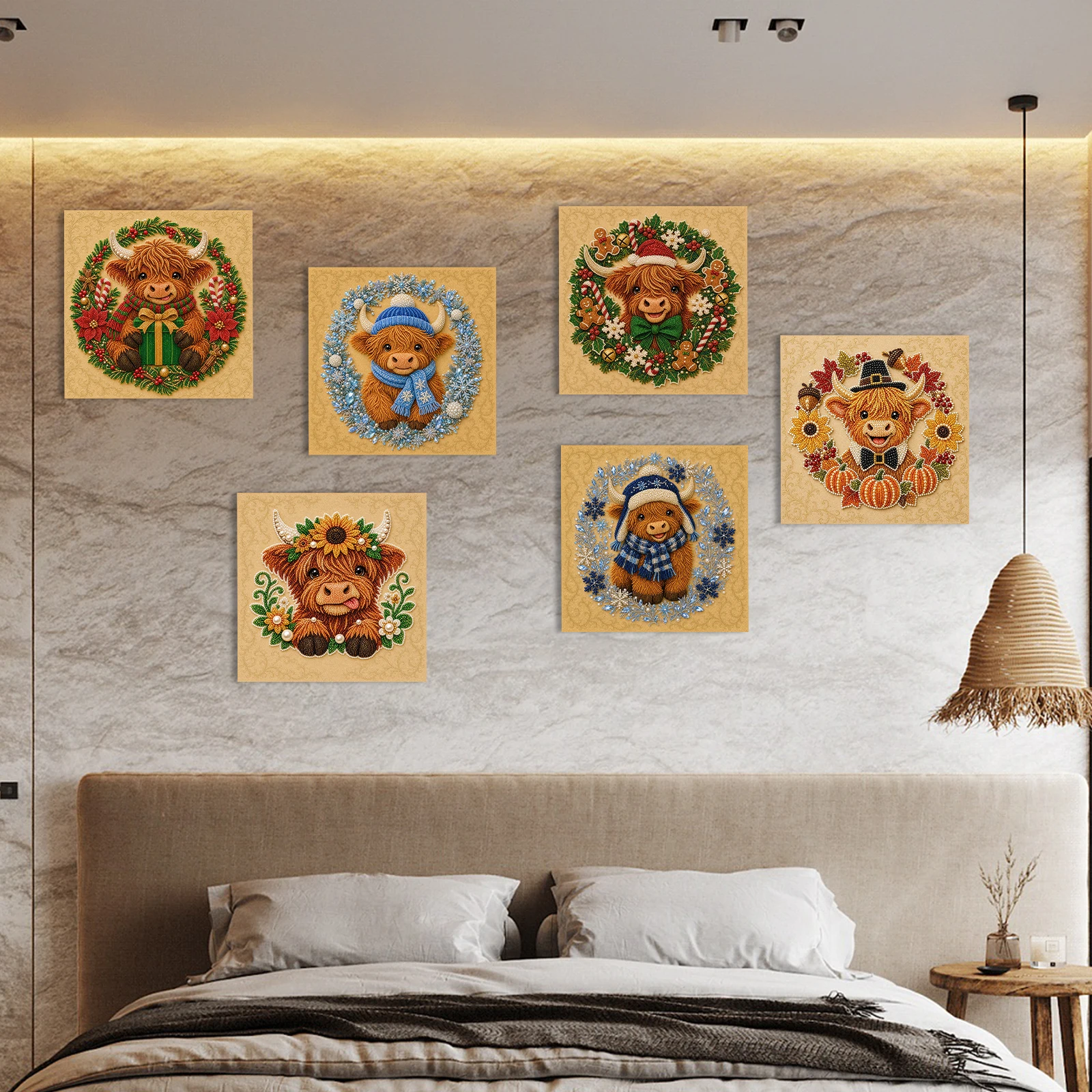 Framed Pearl Painting Kit Cute Scottish Scotland Celtic Cow DIY Self-Adhesive Bead Canvas Wall Art 7.87x7.87in