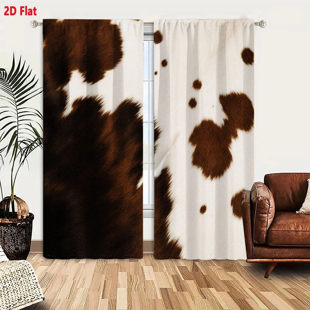 2Pcs Curtains 2D Flat White Base Cowhide Animal Pelt with Irregular Brown Spots and Patches Short Dense Fur Textured Natural Dec