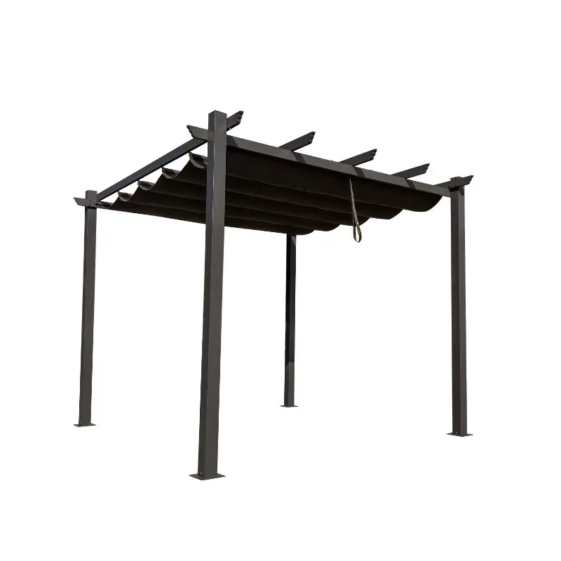 10'x10' Modern Outdoor Pergola White Sun Shade Canopy Manual Operated Awning for Patio Porch Beach Barbecue Grill Gazebo Rain Sh