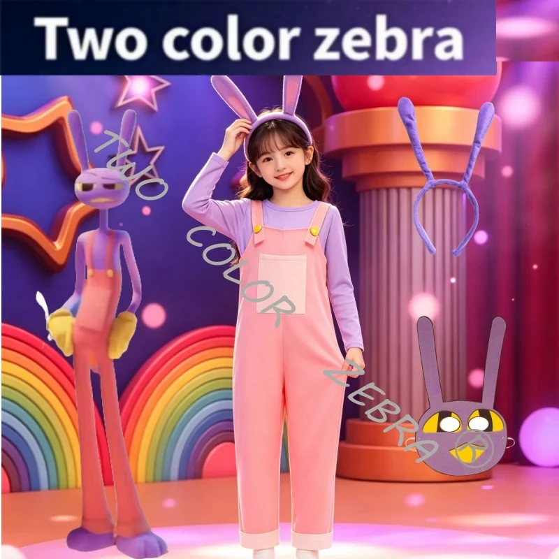 The Amazing Digital Circus Rabbit Jax Cosplay-Kostüme Masken Hasenohren-Haarband Rosa Overall Lila Langarmshirt für Kinder