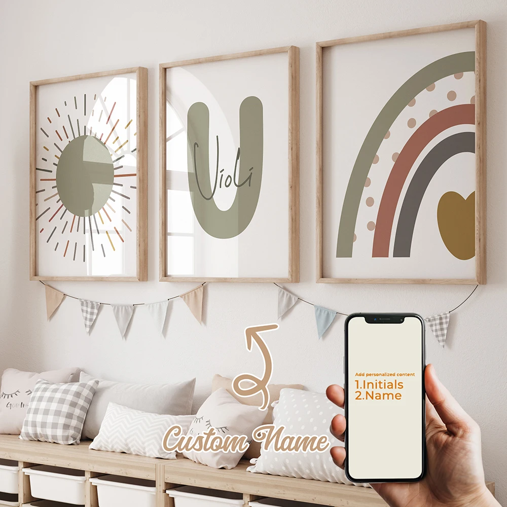 3 قطعة اسم مخصص شخصية الكرتون الشمس قوس قزح جدار الفن طباعة صورة قماش المشارك اللوحة لغرفة المعيشة الطفل ديكور المنزل #3