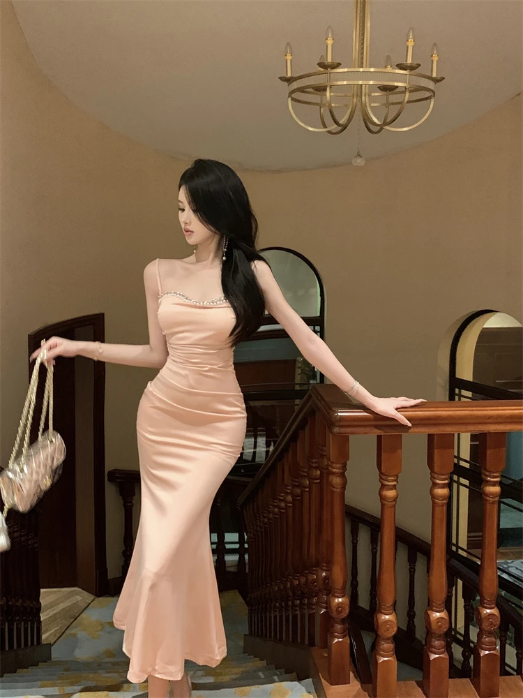 Sukienka Ele Heavy-Detail Drill Chain Strap Slimming Bodycon Fi Tail Dr Summer Trendy Mid-Length A-Line Gown bez ramiączek