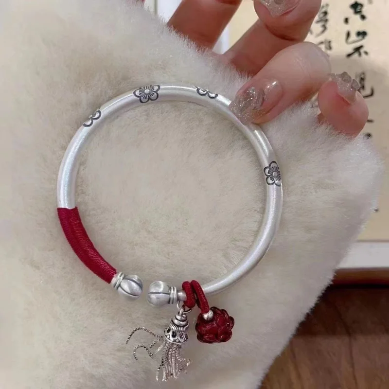 S999 Solid Heavy Plum Blossom Tassel Wire Wrapped Open Bracelet Silver