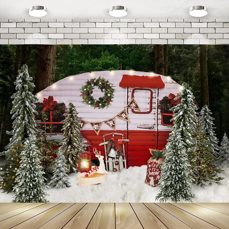 Christmas Camper Photography Backdrop Winter Snowy Pine Trees Mini Bus Background Merry Xmas Santa Pictures Baby