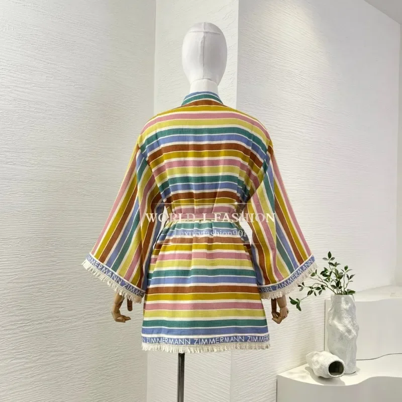 

Multi Color Striped Print Long Sleeve Warp Blouse Tops and Shorts Sets 2025