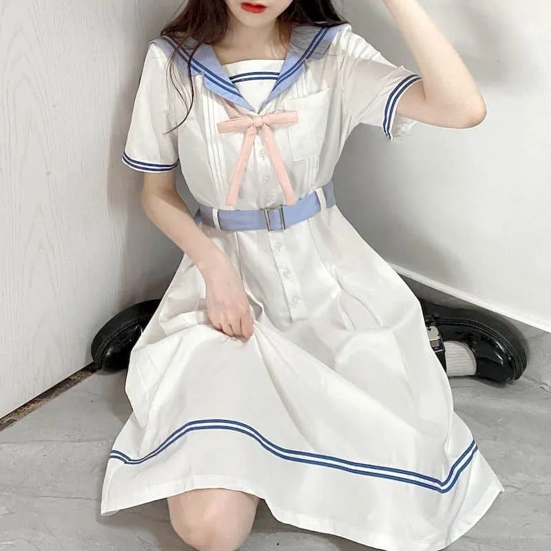 Jk Dress Uniform White Short Sleeve Dress Women Blue Stripe Blue Belt Japanese Korean Preppy Style A-line Mid-calf Sailor Collar