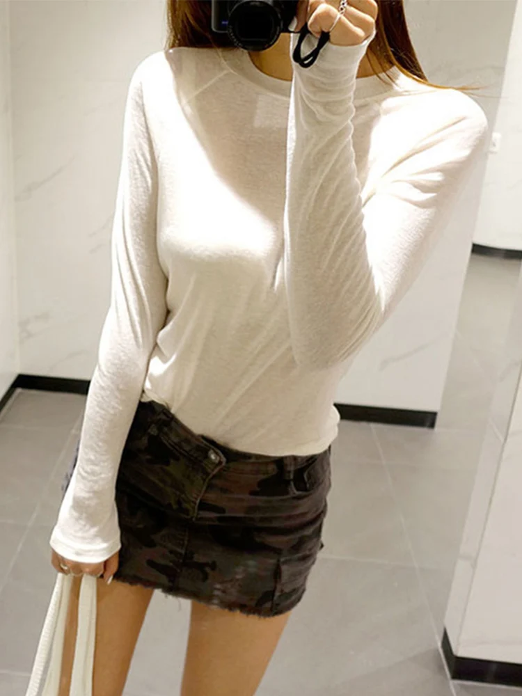 Hot Sale 2024 New Spring Summer Basic Tops Long Sleeve Loose Thin Sexy Blue T-shirt Women Fashion Solid Color Cotton Tee Femme