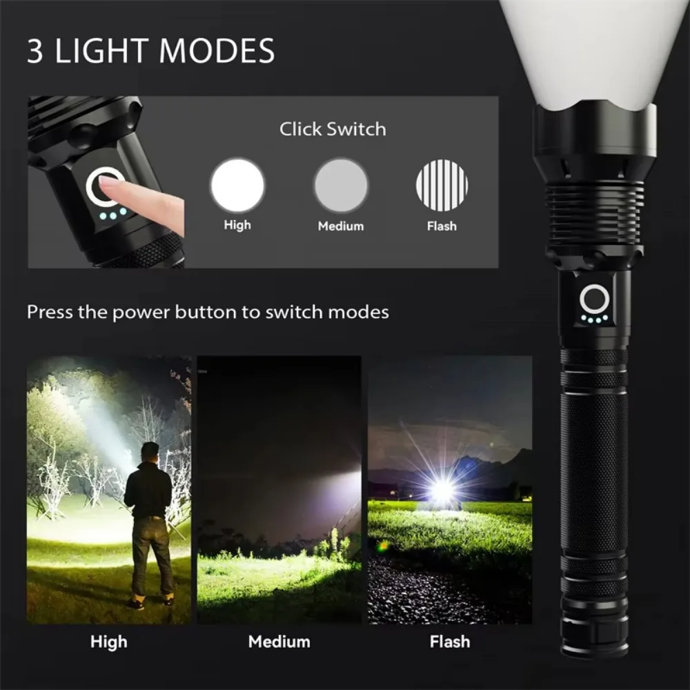 Super Bright Rechargeable XHP70/XHP50 LED Flashlight Zoomable Waterproof Tactical Torch 3 Modes Powerful for Camping Hiking