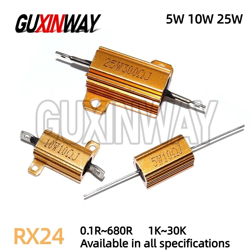 RX24 5W 10W 25W アルミパワーメタルシェルケース巻線抵抗器 0.01Ω～30KΩ 1Ω 2Ω 3Ω 5Ω 6Ω 8Ω 10Ω 20Ω 100Ω 150Ω 1KΩ 10KΩ 20KΩ 100KΩ