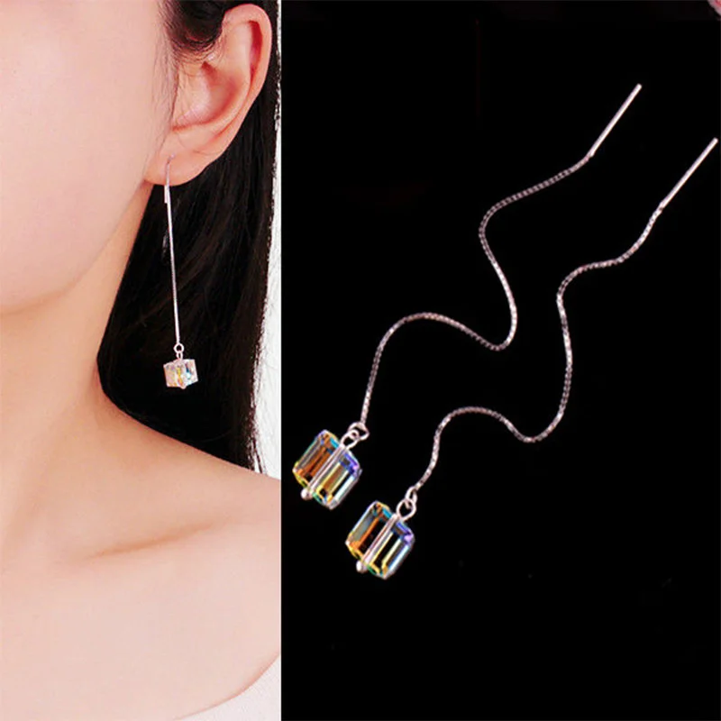 Simple Transparent Crystal Cube Drop Earrings for Women Fashion Long Box Chain Dangle Earrings Statement Jewelry Gifts