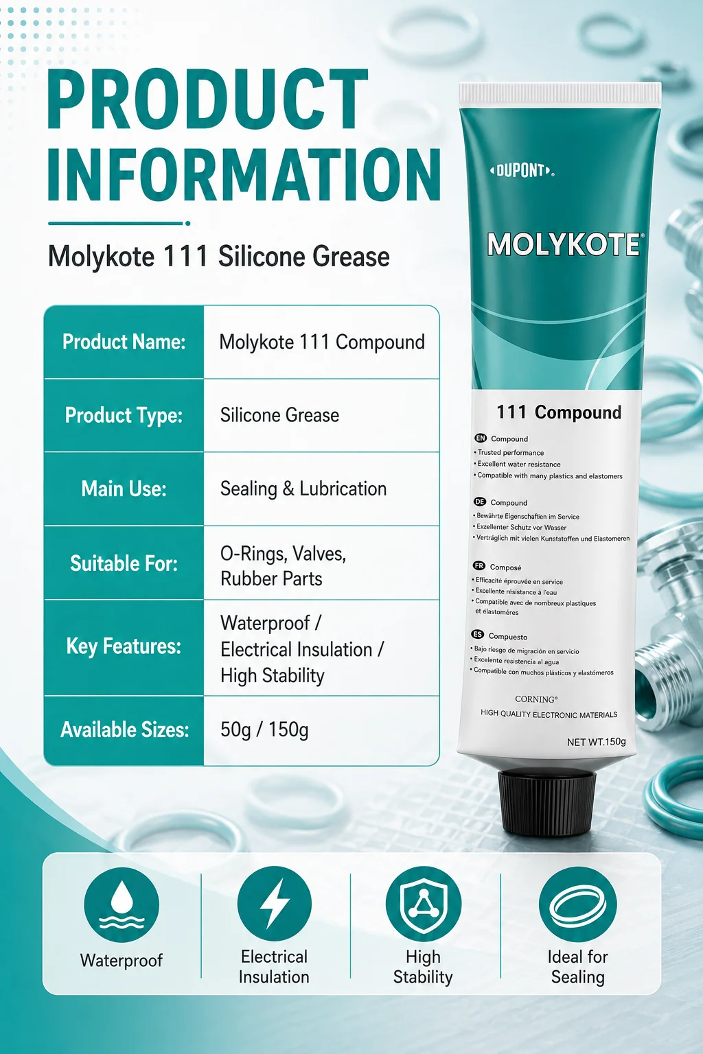 Original Molykote 111 Silikonfett Wasserdichtes Dichtmittel für O-Ringe Ventilschmiermittel 50g 150g – Detail 5