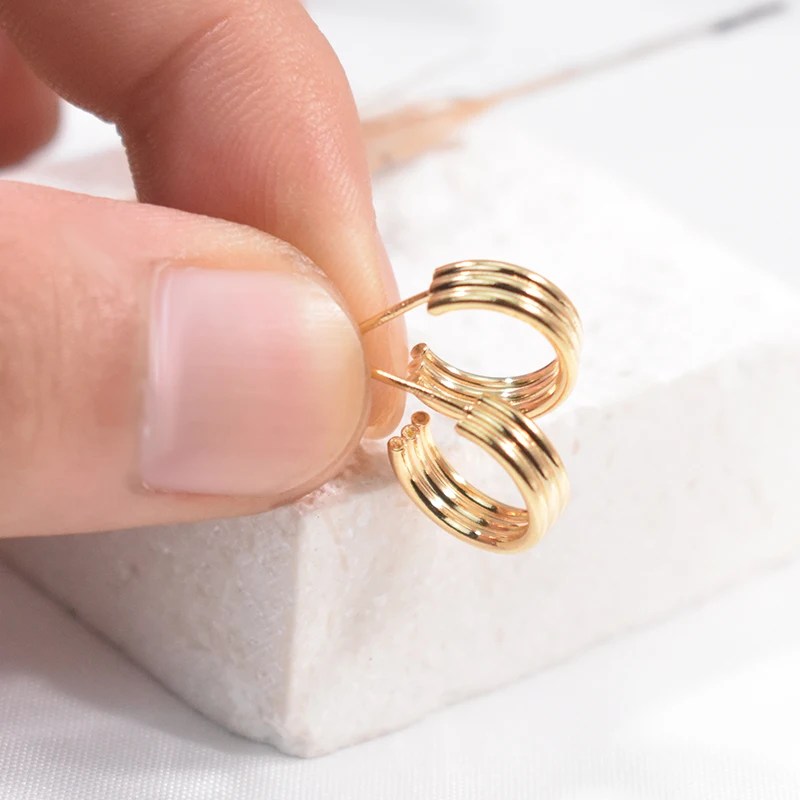 14K Gold Filled 12mm Triple Gold-Filled Post Hoop Earrings Endless Layered Hoop Post Wires Earring Hook Component for Jewelry - view 3