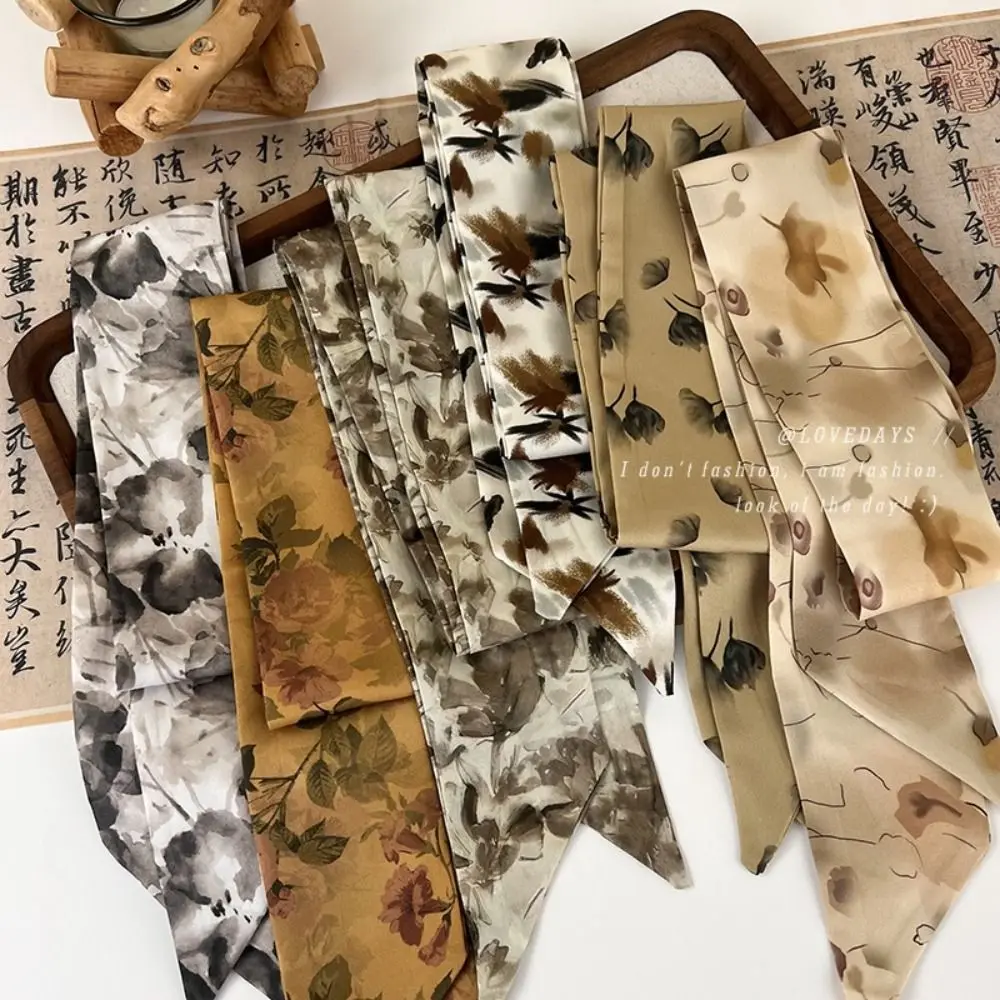 

Minimalist Style Long Ink Painting Silk Scarf Ribbon Hair Tie Long Silk Scarf Printed Scarf Headdress Ancient Hair Band Girl