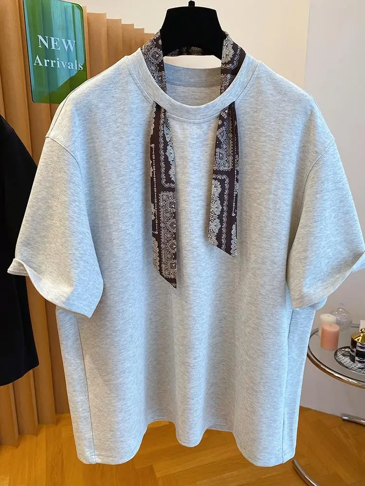 Y2k Chic Scarf Accent T-shirt Women 2026 Summer Loose Short Sleeve Unique Fashion Casual Basic Tops