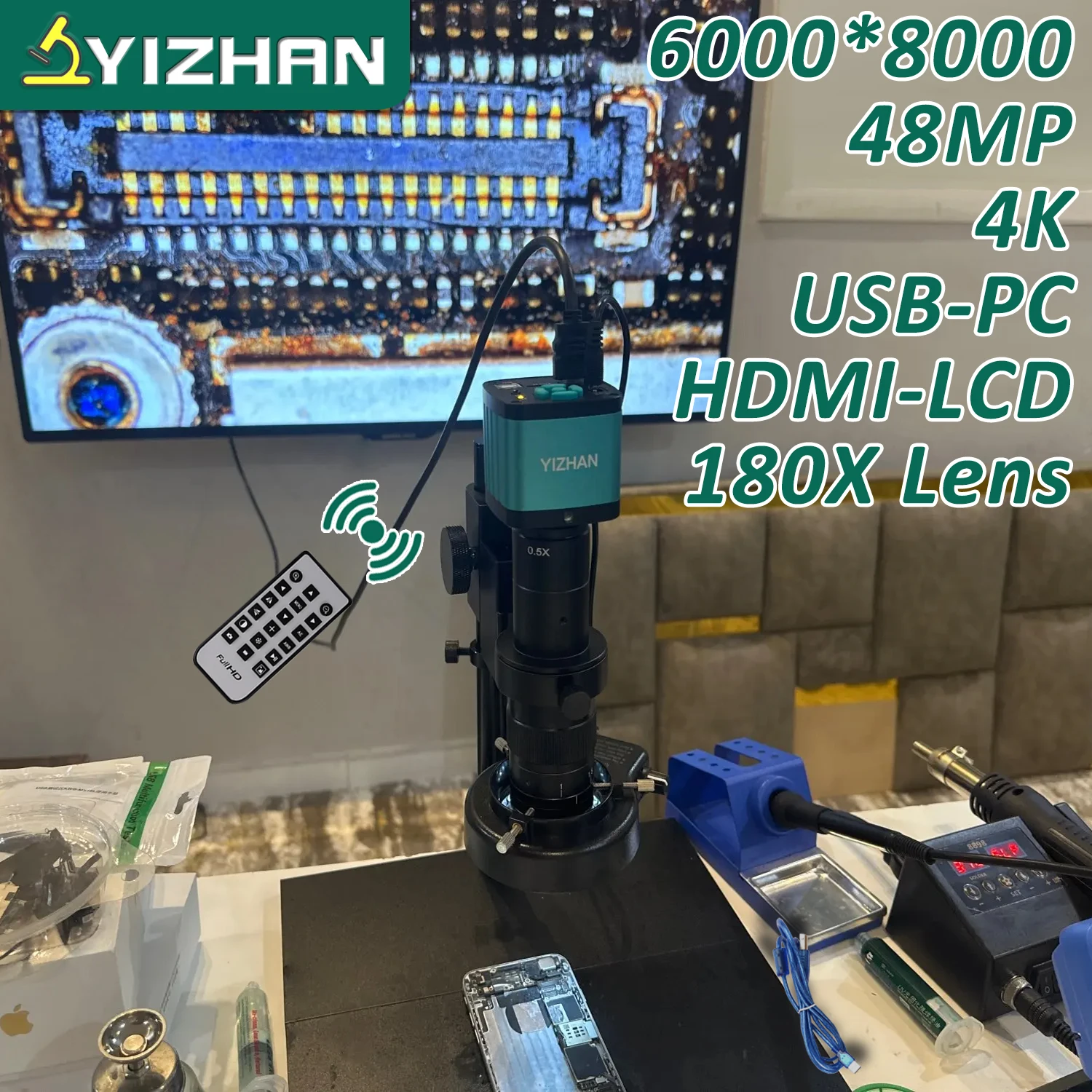 YIZHAN 48MP Video Microscope USB HDMI 4K Industrial Microscope Camera 180X Zoom C-mount Lens Image Collectio Soldering Repair