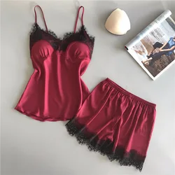 Women Pajama Suit Fashion V-Neck Stretch Satin Babydoll Lace Sexy Lingerie Bowknot Pyjamas Sleep Shorts Set Sleepwear New