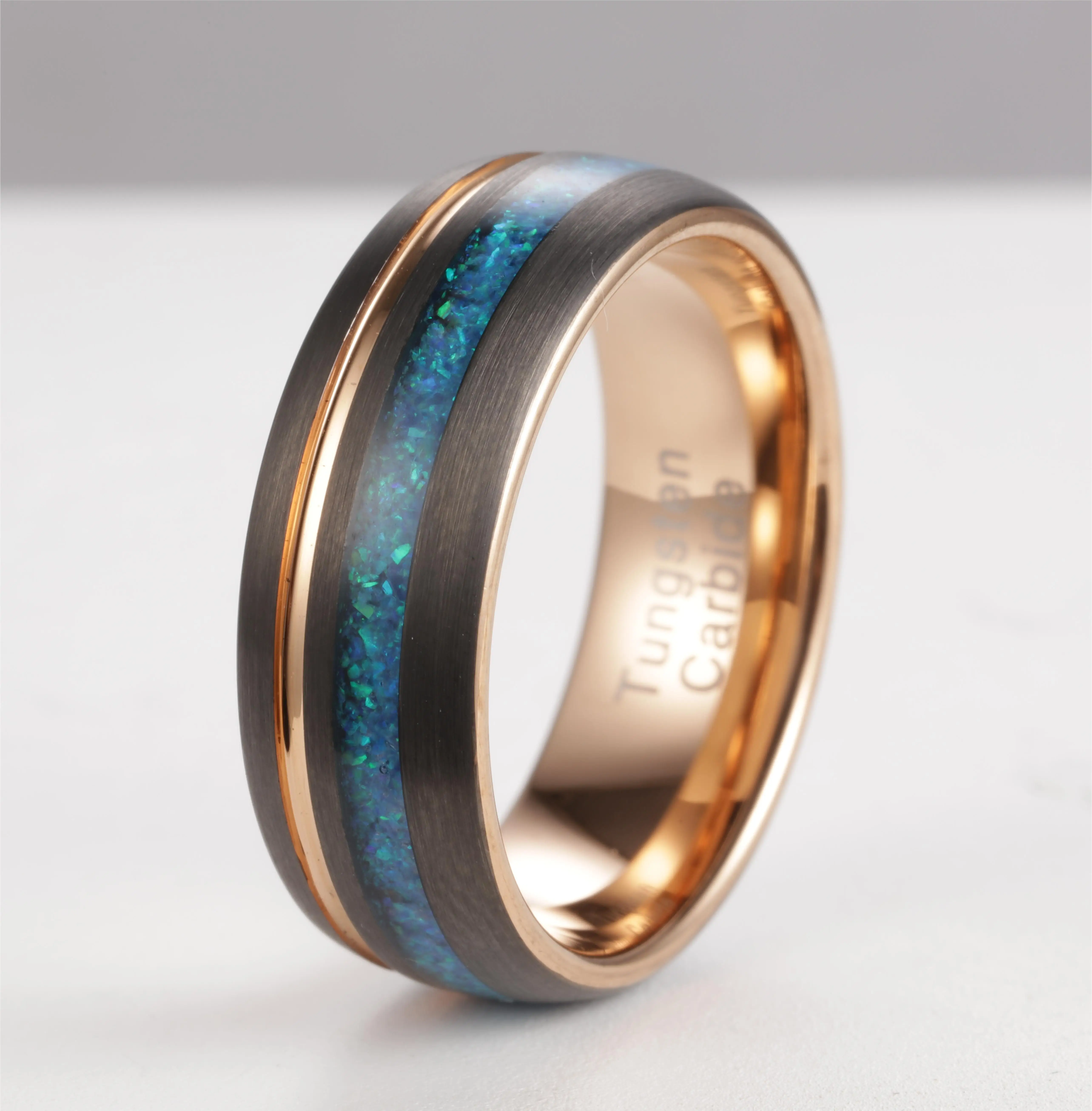 POYA 8mm Blue Opal Inlay, Black and Rose Gold Tungsten Carbide Ring