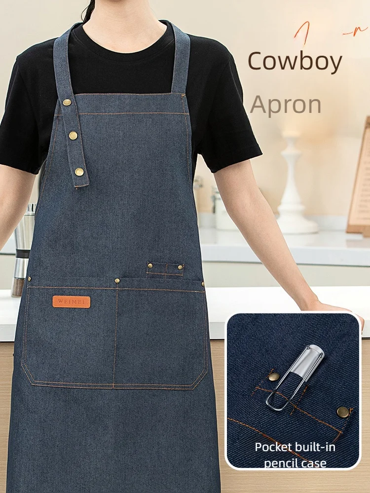Durable Denim Hanging Neck Chef Apron for Dining West Restaurant Coffee Master Milk Tea Shop Supermarket Staff Uniform