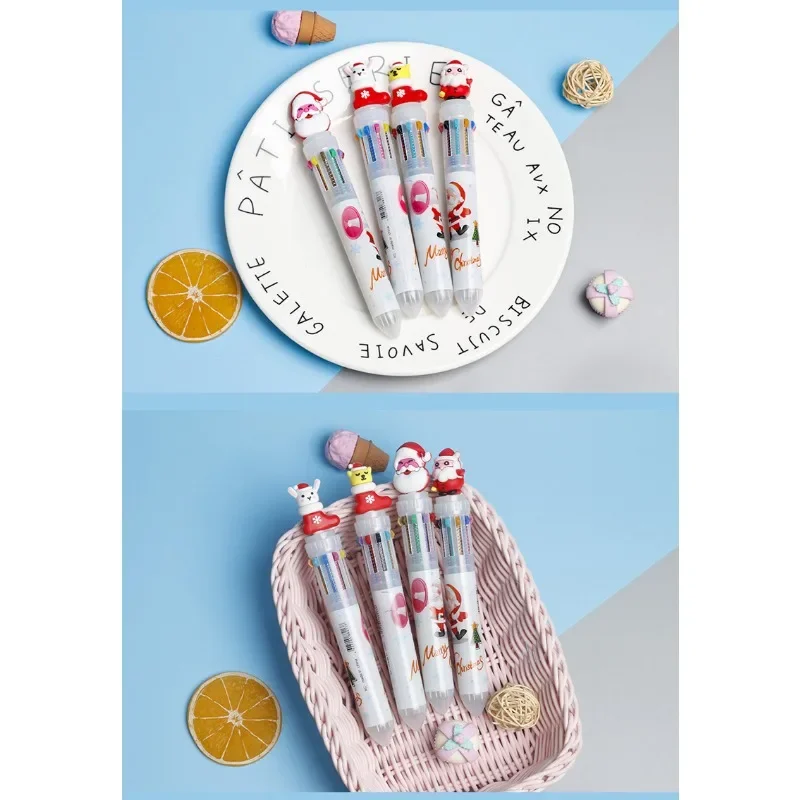 24Pcs cartoon silicone head Christmas ten-color ballpoint pen, press color student stationery gifts