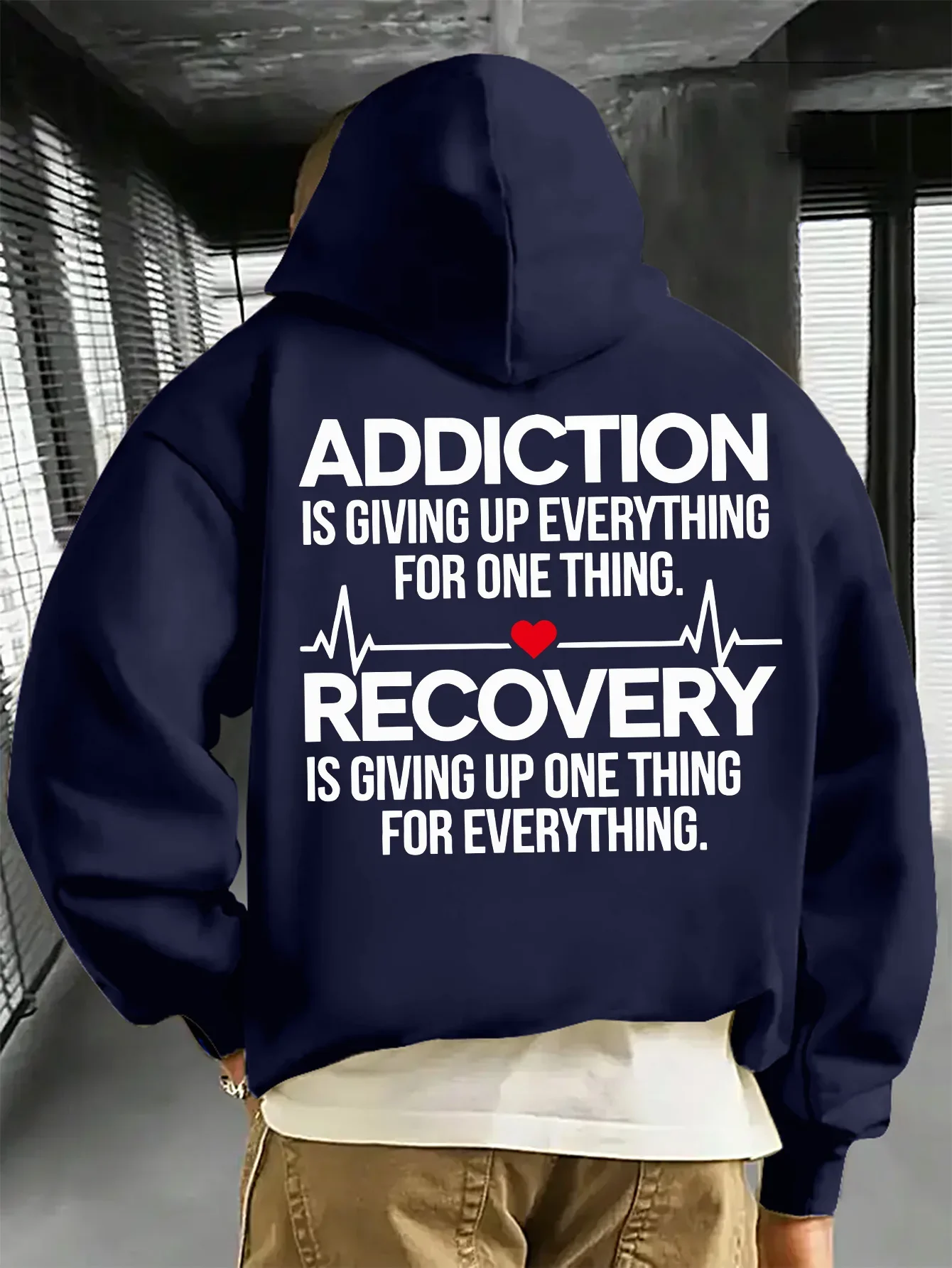 Men Addiction Recovery Hoodie Navy Oversized Sober Life Heartbeat Graphic Pullover Streetwear Sweatshirt Autumn Winter