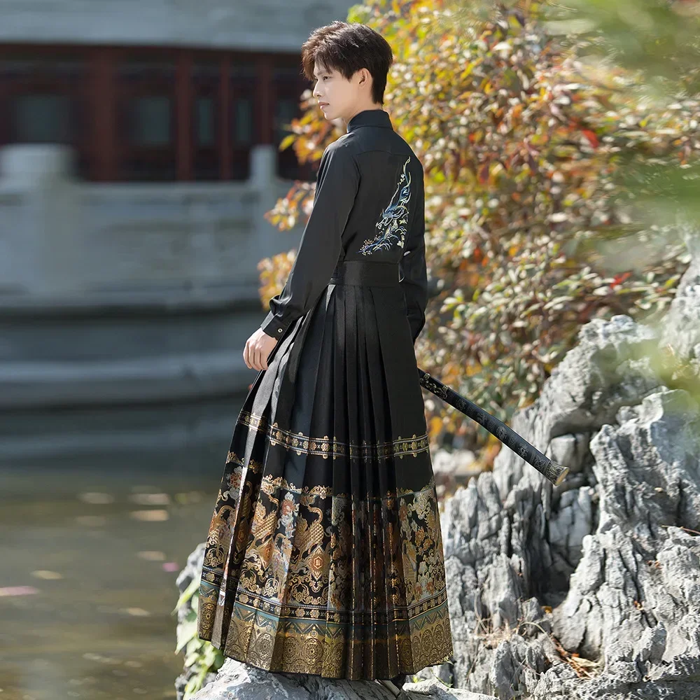 

Ancient Chinese Dress Hanfu Men Traditional Embroidery Dresses China Style Martial Arts Cosplay Costume Horse Face Skirt Suit