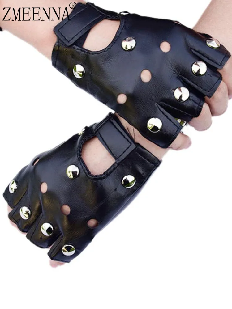 

ZMEENNA Unisex Fingerless Driving Faux Leather Gloves Motor Cool Studs Sexy Dancing Rock And Roll Black Half Finger Mitten ZM122