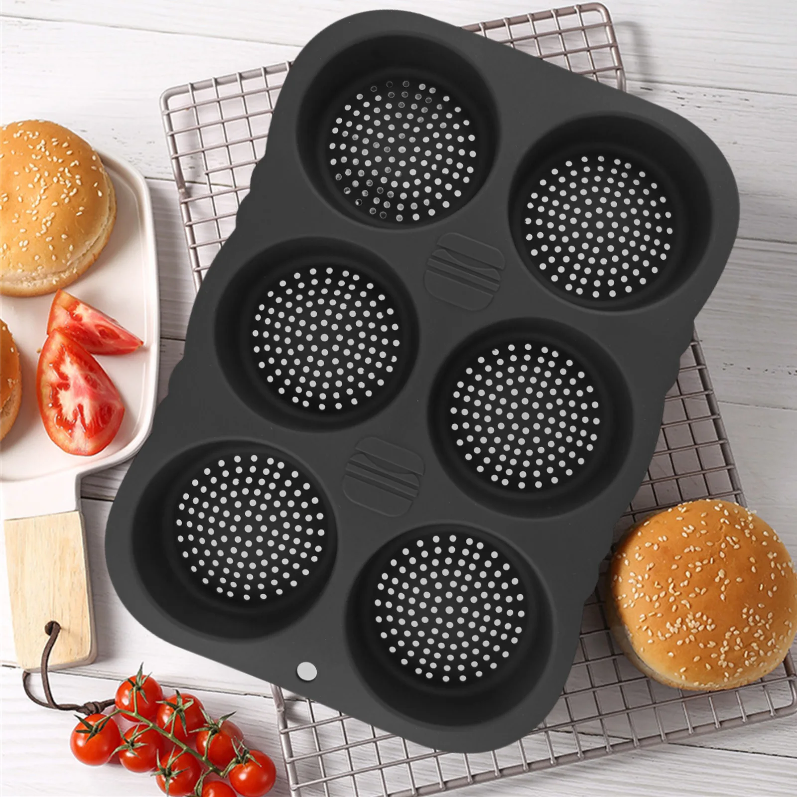 Silicone Burger Bun Baking Pan 6 Cavity Nonstick Tray for Consistent Baking Results and Easy Cleanup After Use