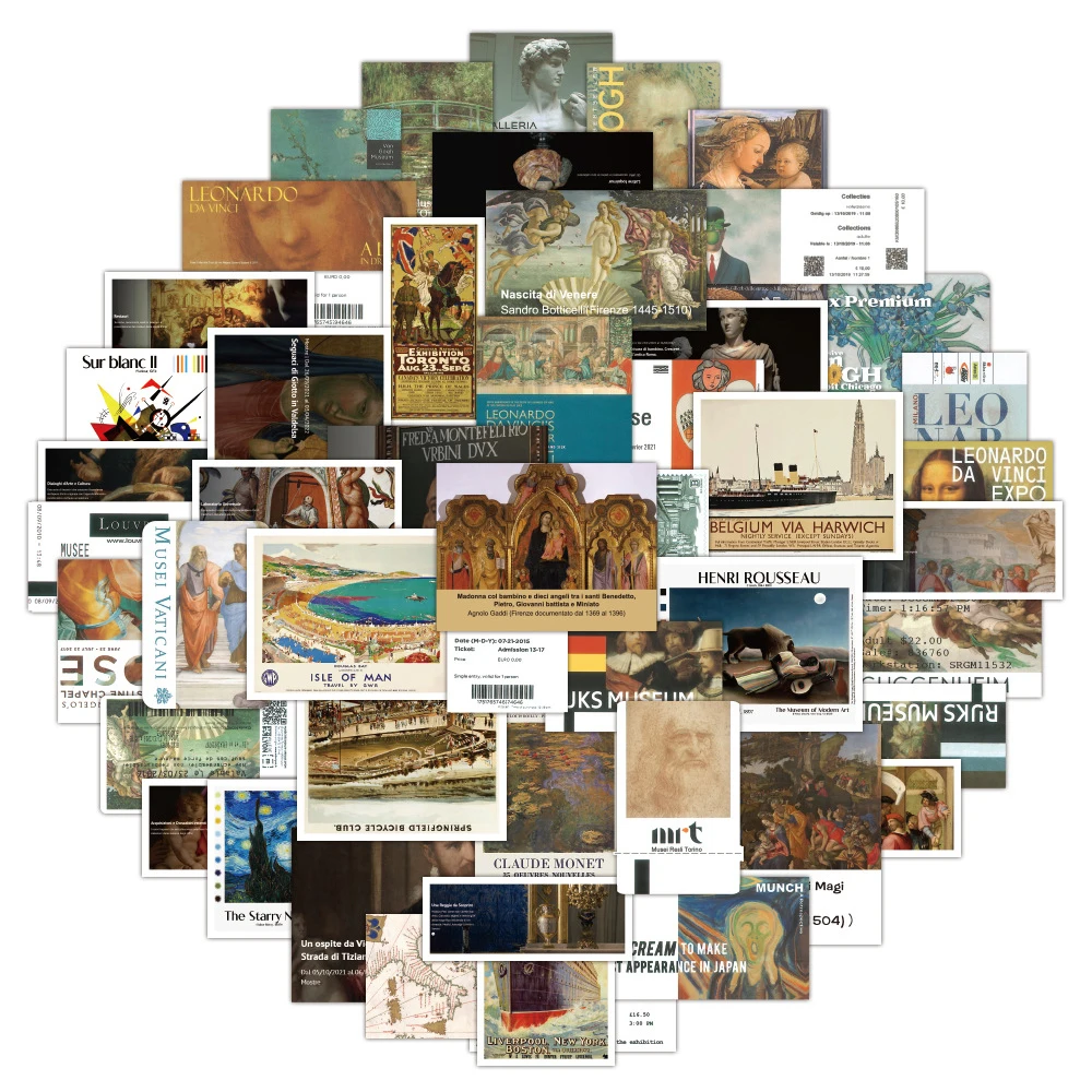10/30/50pcs Vintage Oil Painting Ticket Stickers Retro Art Aesthetic Sticker Decoration Suitcase Phone Laptop Decals Wholesale