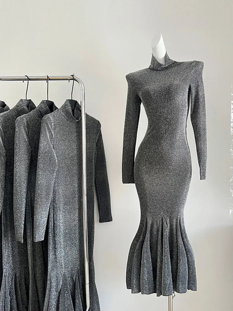 

French Elegance Silver Mermaid Dress Sparkly Turtleneck Luxury One-Piece Frocks Party Prom 2000s Aesthetic Sweet Formal Occasion