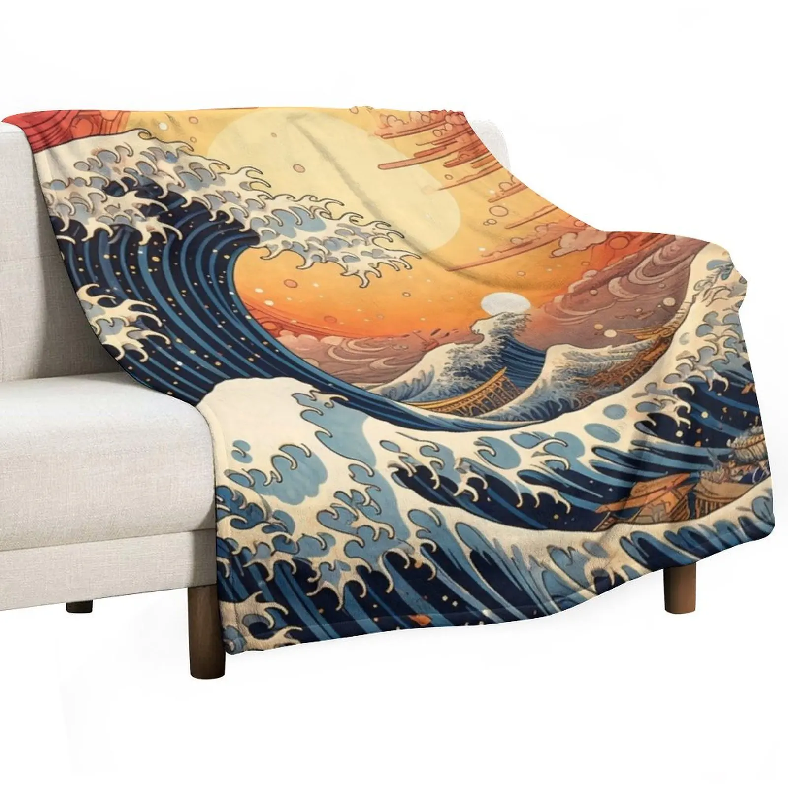 The Great Wave Cyberpunk neon sun set Throw Blanket Luxury St funny gift bed plaid Thermals For Travel Blankets