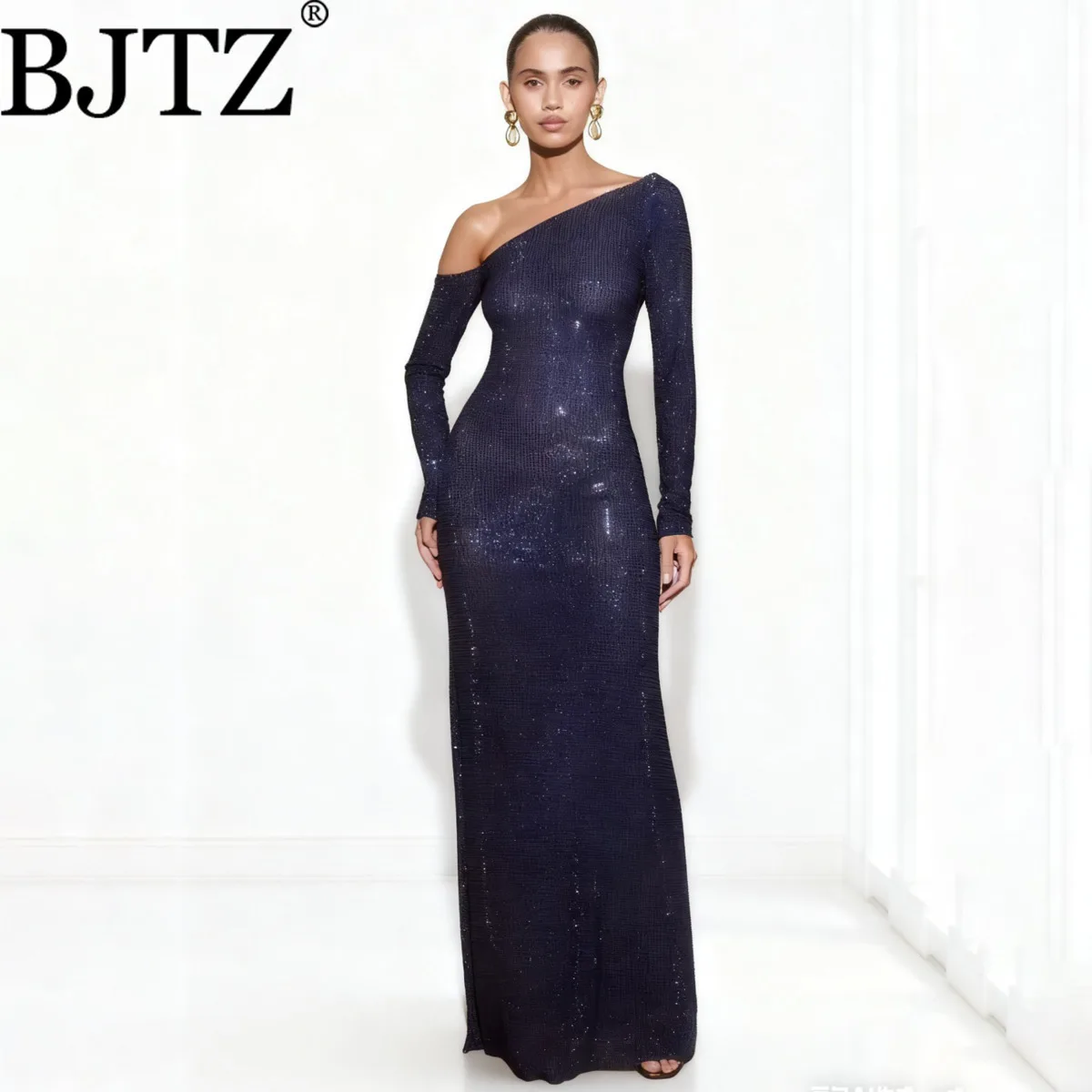 

BJTZ 2025 New French Asymmetric One-Shoulder Rhinestone Dress Sexy Waist Cinched Designer Elegant Premium Evening Party