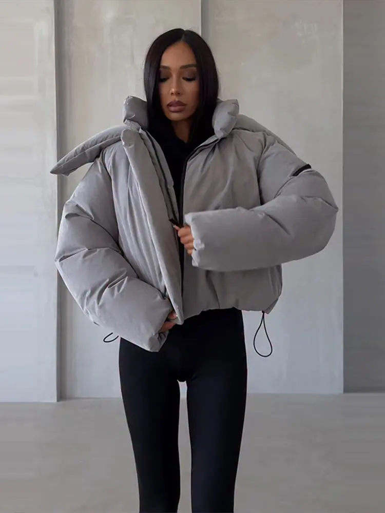 Casual Detachable Hood Oversized Cropped Coat Drawstring Hem Zip-Up 2026 Winter Women Padded Jacket Warm Lady Cotton-Padded Coat
