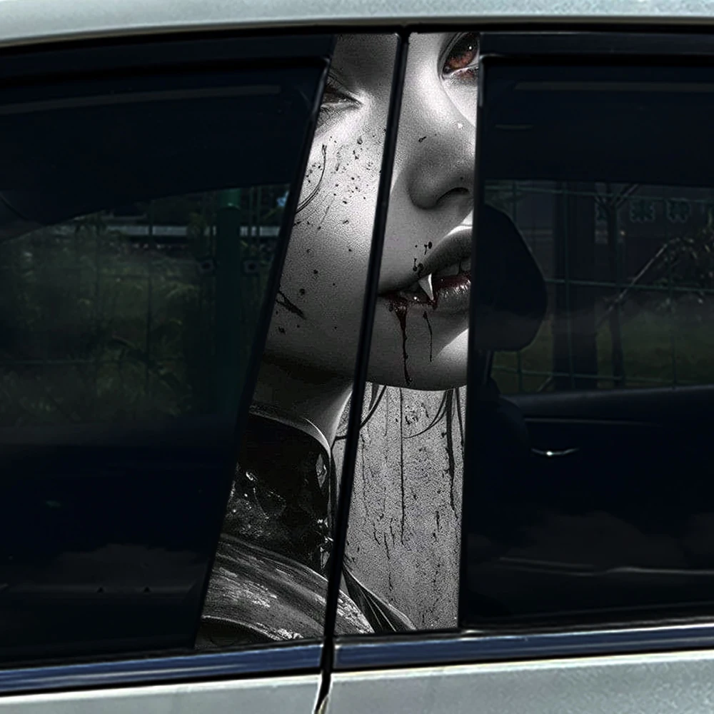 2PCS Black & White Vampire Girl Print Car B Pillar Sticker, Waterproof Vinyl Anti-scratch Decor Protector Film