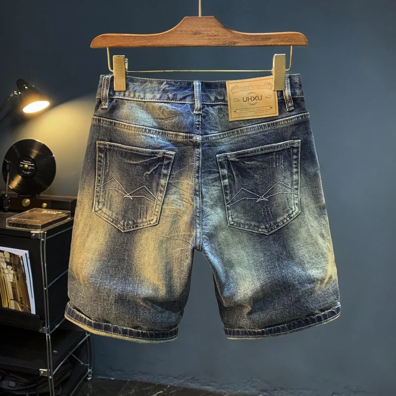 Vintage Perforated Denim Pants For Men, American Style, Versatile, Casual Summer Knee-Length Pants