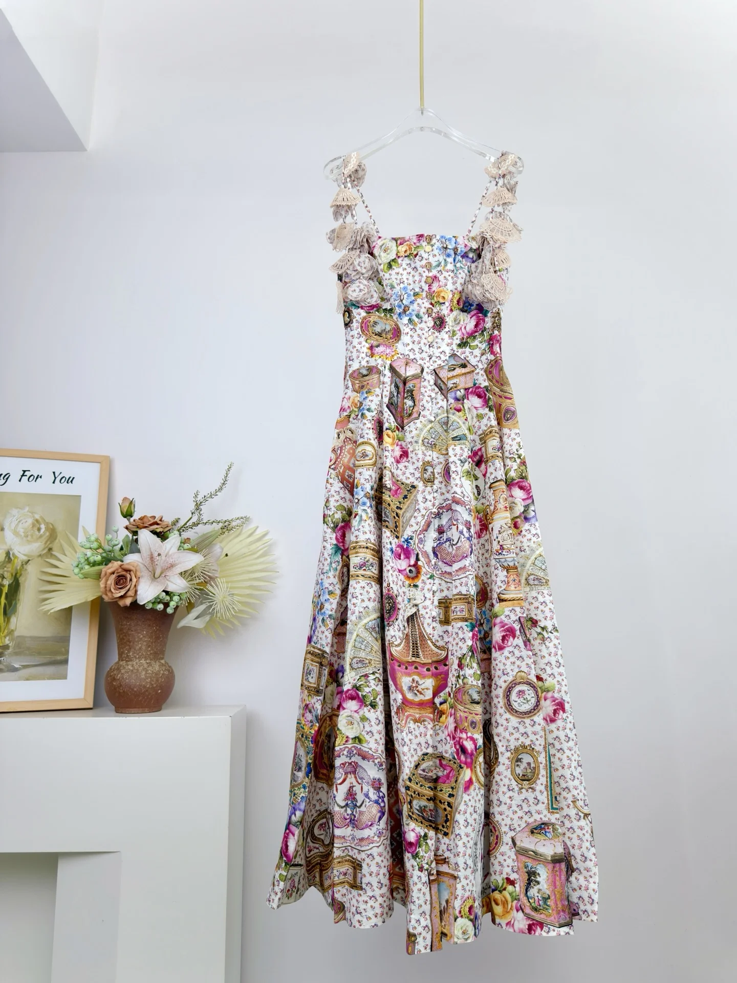 Summer Fashion Appliques Spaghetti Strap Vintage Print Long Dress Women's Gorgeous Diamond High Waist A-Line Big Swing Dresses