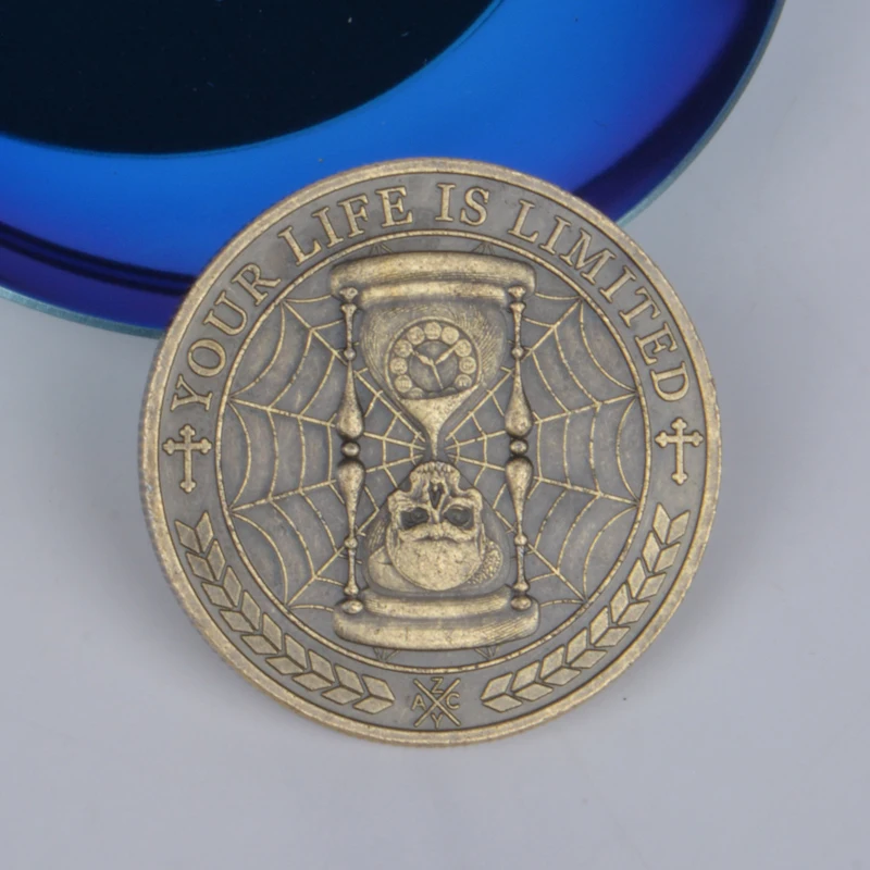 حياتك محدودة TEMPUS FUGIT MeMeNto Mori عملة معدنية عتيقة على شكل جمجمة تذكير تحمل عملات الرواقية الملهمة